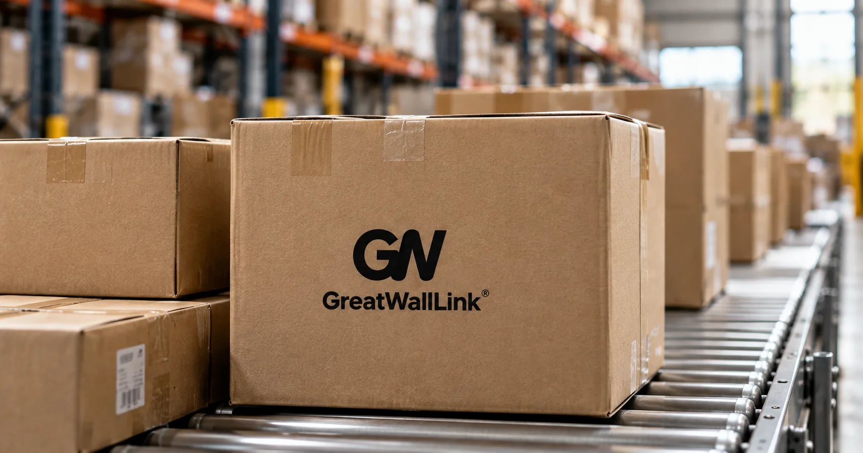 A GreatWallLink parcel on a warehouse conveyor